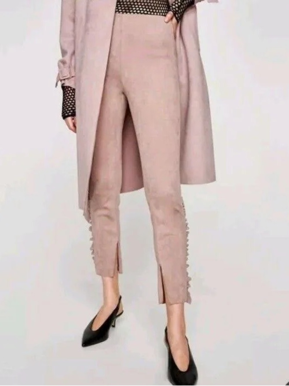 Zara Pink Suede Frilled Cropped Pants with ruffle trim details XS